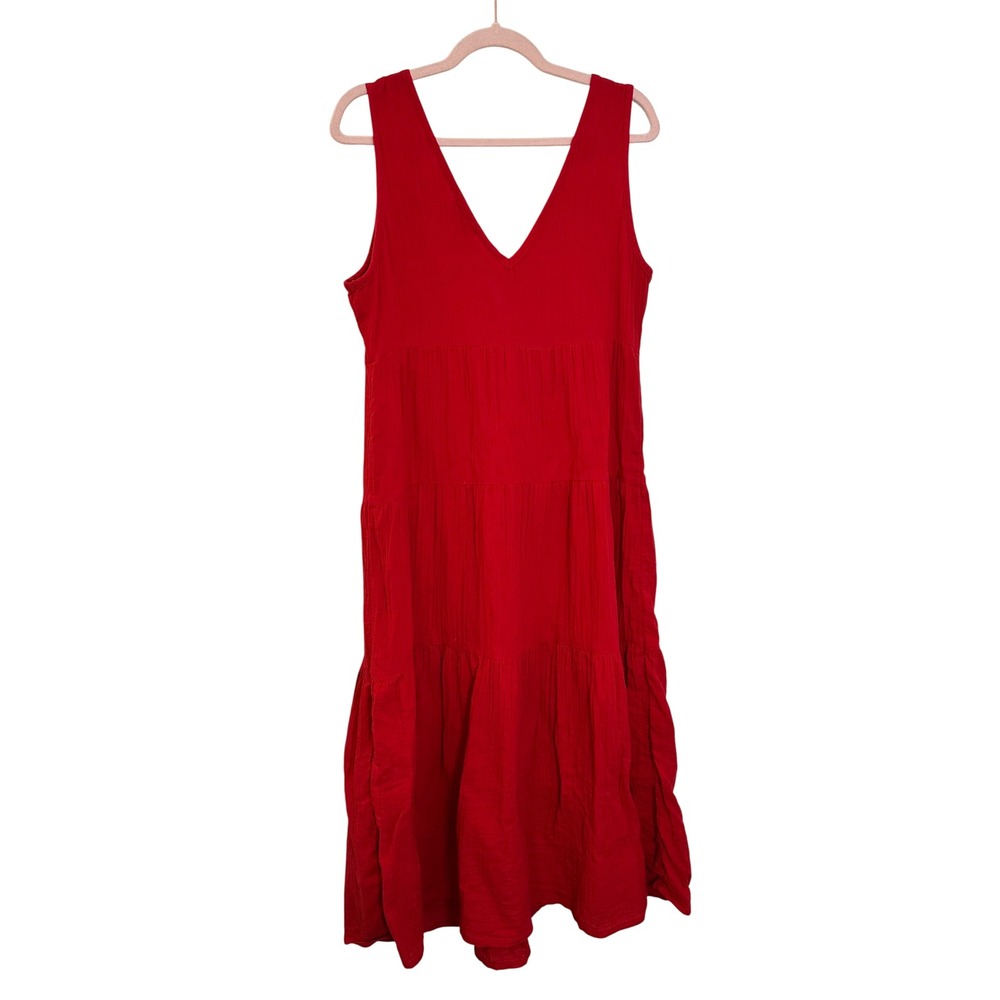 Quince Organic Cotton Gauze Tiered Midi Dress Size M Wild Cherry Red V Neck - Picture 2 of 7